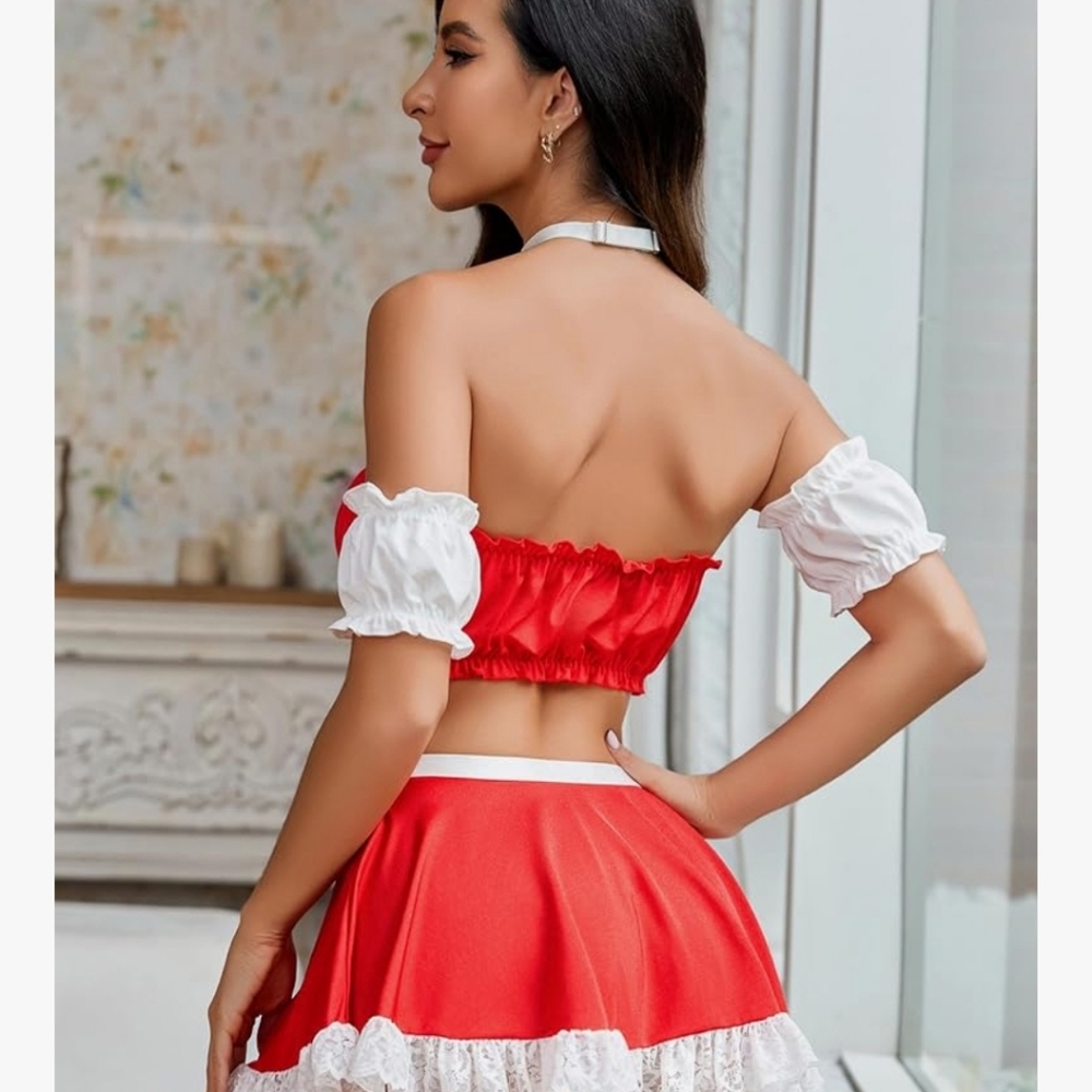 New Lingerie Maid Cosplay Red and White Lace Trim Costume 5 Piece Set Witchy - Picture 2 of 11